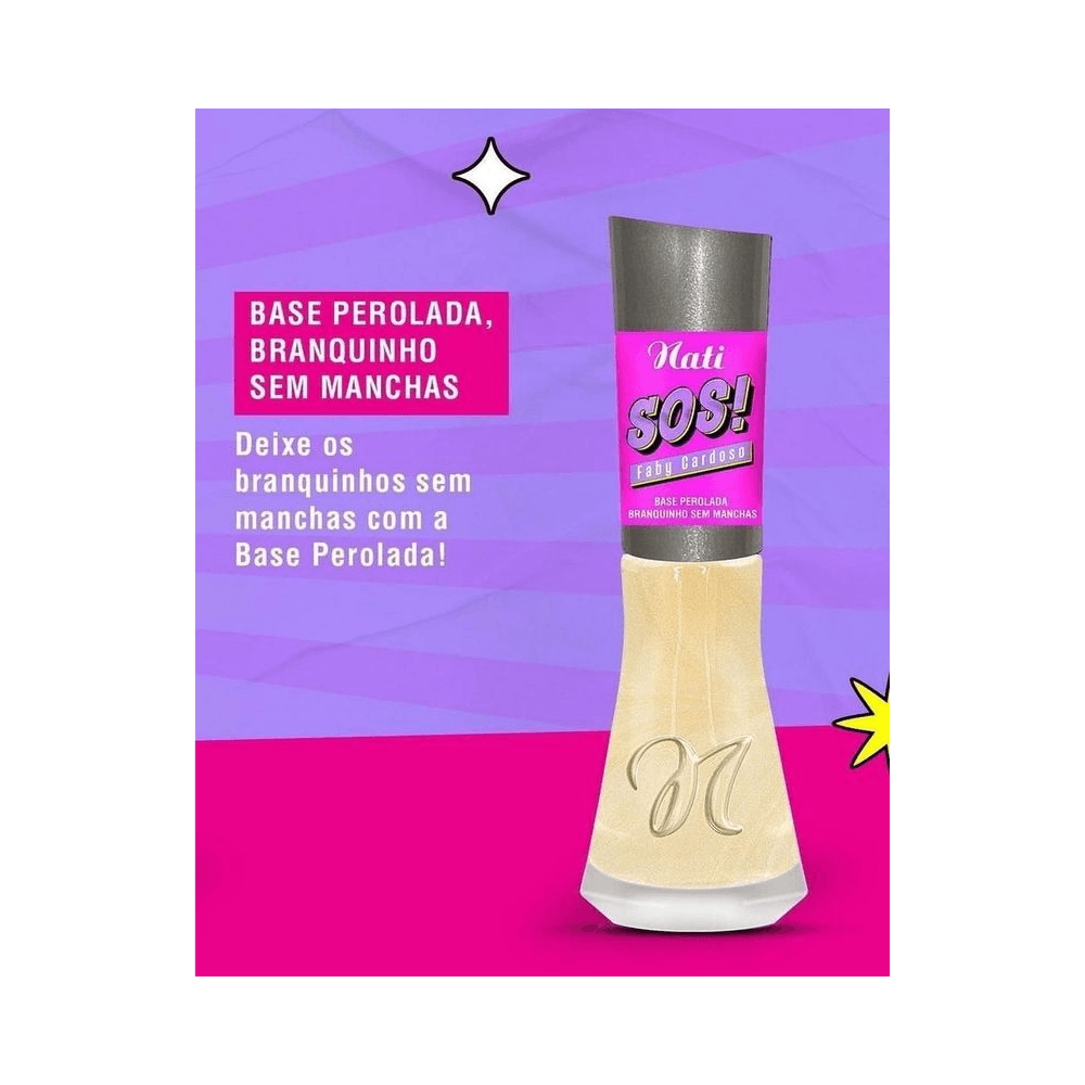 Imagem promocional do esmalte Nati Base Perolada sobre fundo roxo