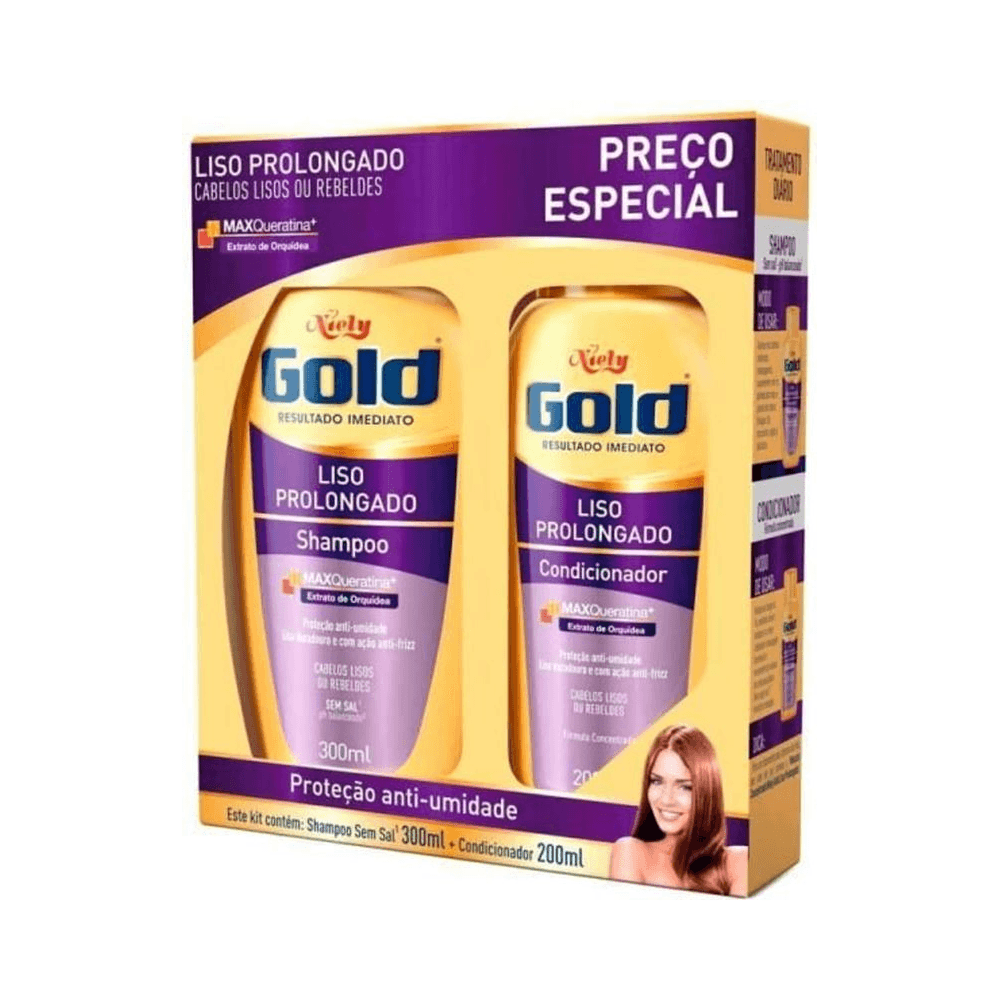 Kit Niely Gold Liso Prolongado embalagem amarela e roxa, destaque para benefícios antifrizz