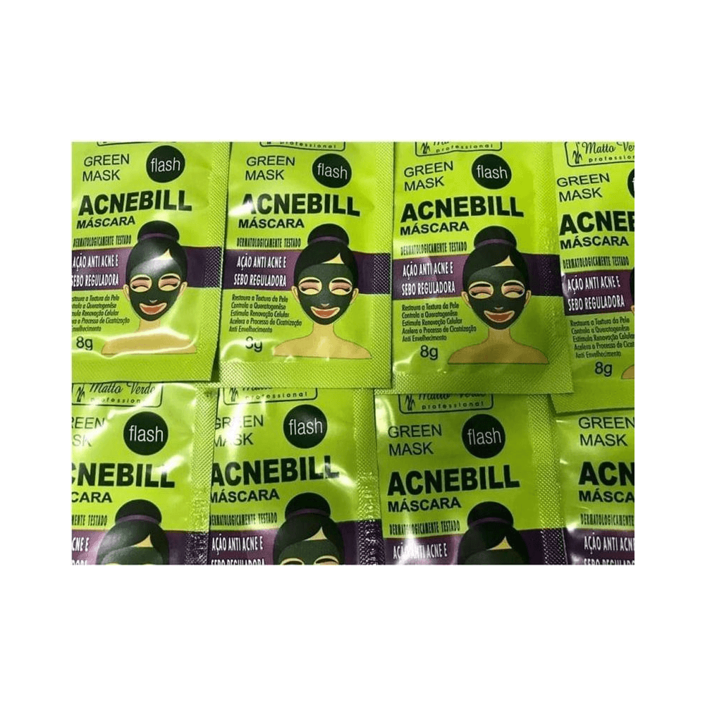 Vários sachês da Máscara ACNEBILL Matto Verde 8g dispostos em grade