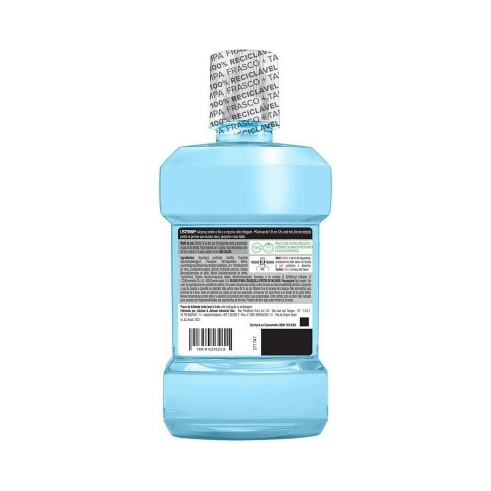 Verso do frasco Listerine Tartar Control Zero Álcool 250 ml com informações do rótulo