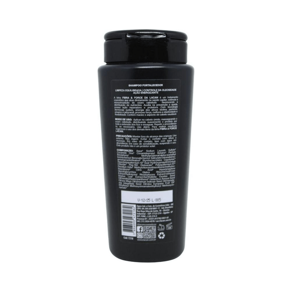 Verso do frasco com instruções e composição do Shampoo Lacan Fibra & Force 300ml