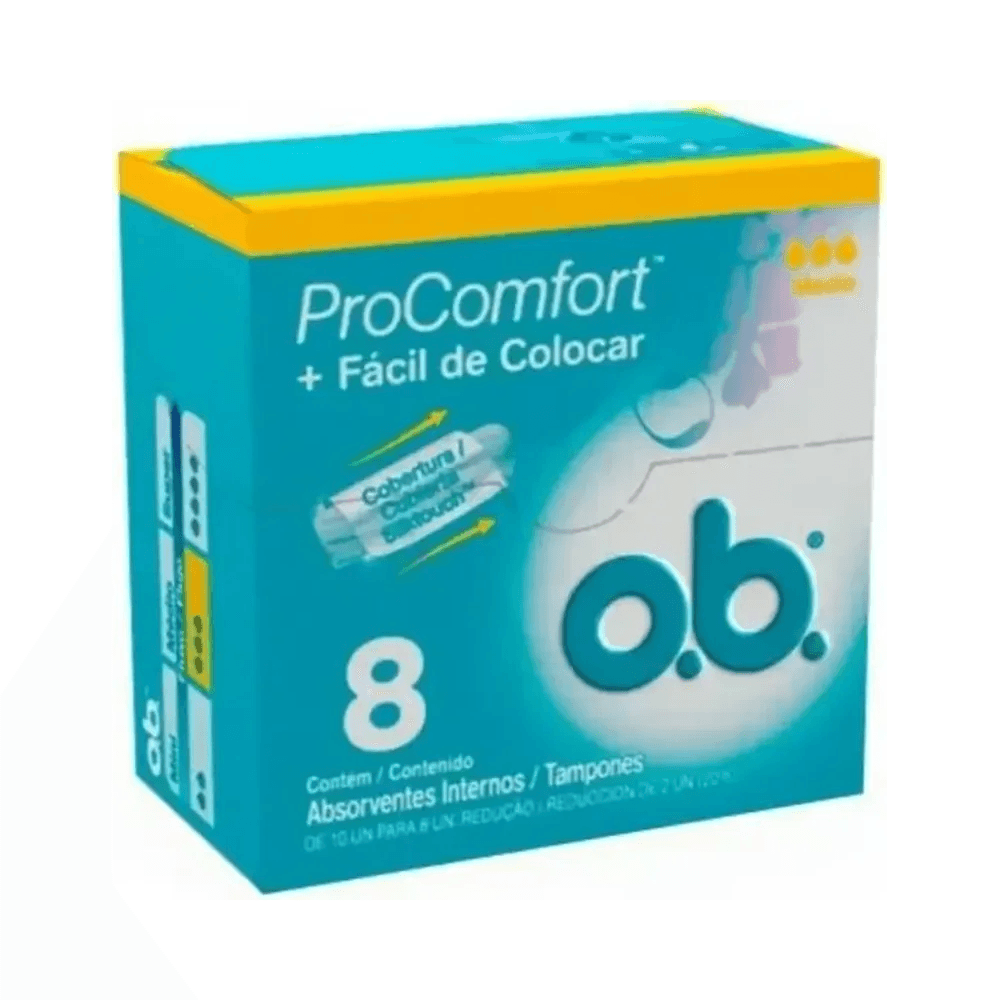 Caixa em ângulo do absorvente o.b. Pro Comfort Médio mostrando 3 gotas de absorção