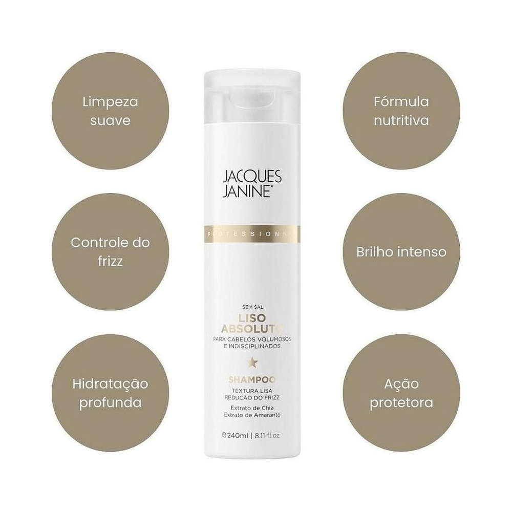 Composição do Shampoo Liso Absoluto mostrando benefícios e ingredientes