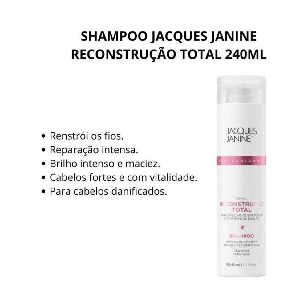 Composição do produto com lista de benefícios e frasco do Shampoo Jacques Janine Reconstrução Total 240ml