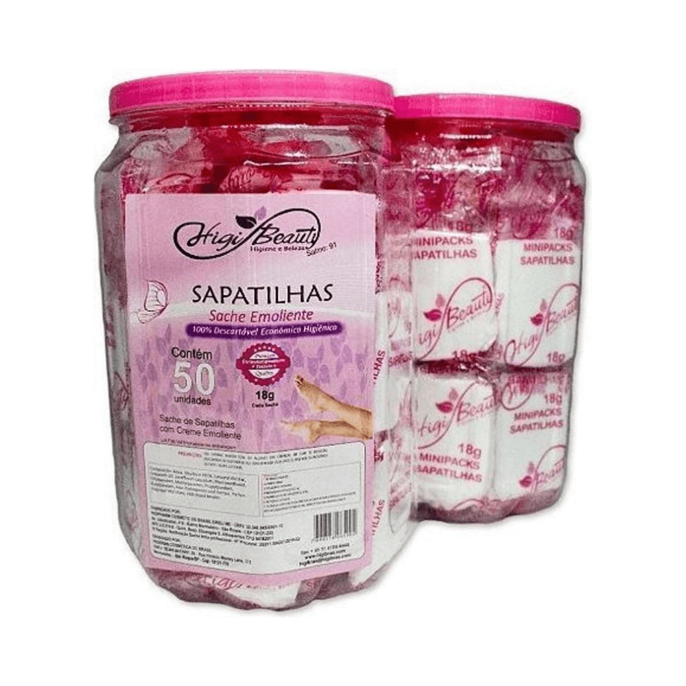 Dois potes Higibeauty mostrando embalagem e sache individual