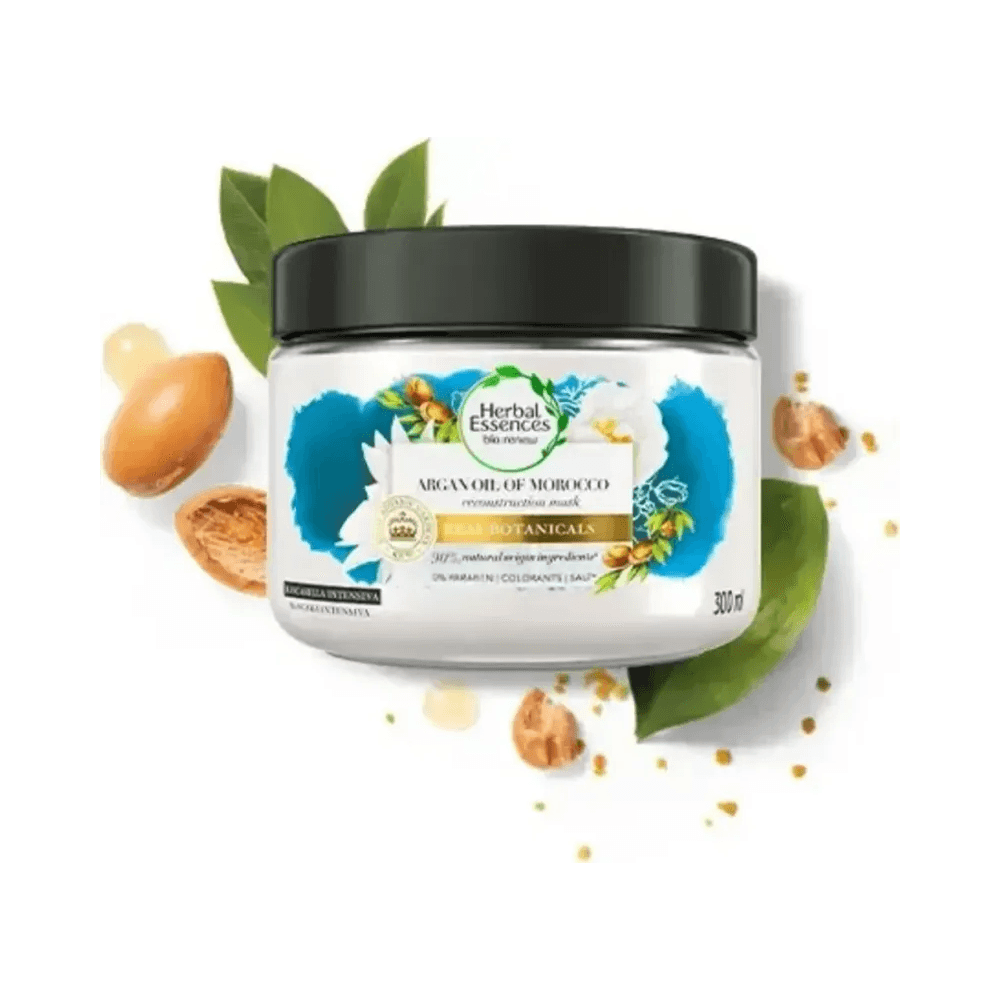 Pote Herbal Essences Argan 300ml com tampa preta e design botânico