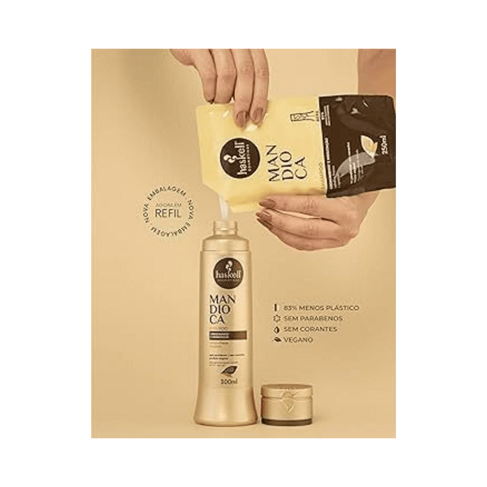 Composição mostrando refil e economia de plástico do Shampoo Haskell Mandioca