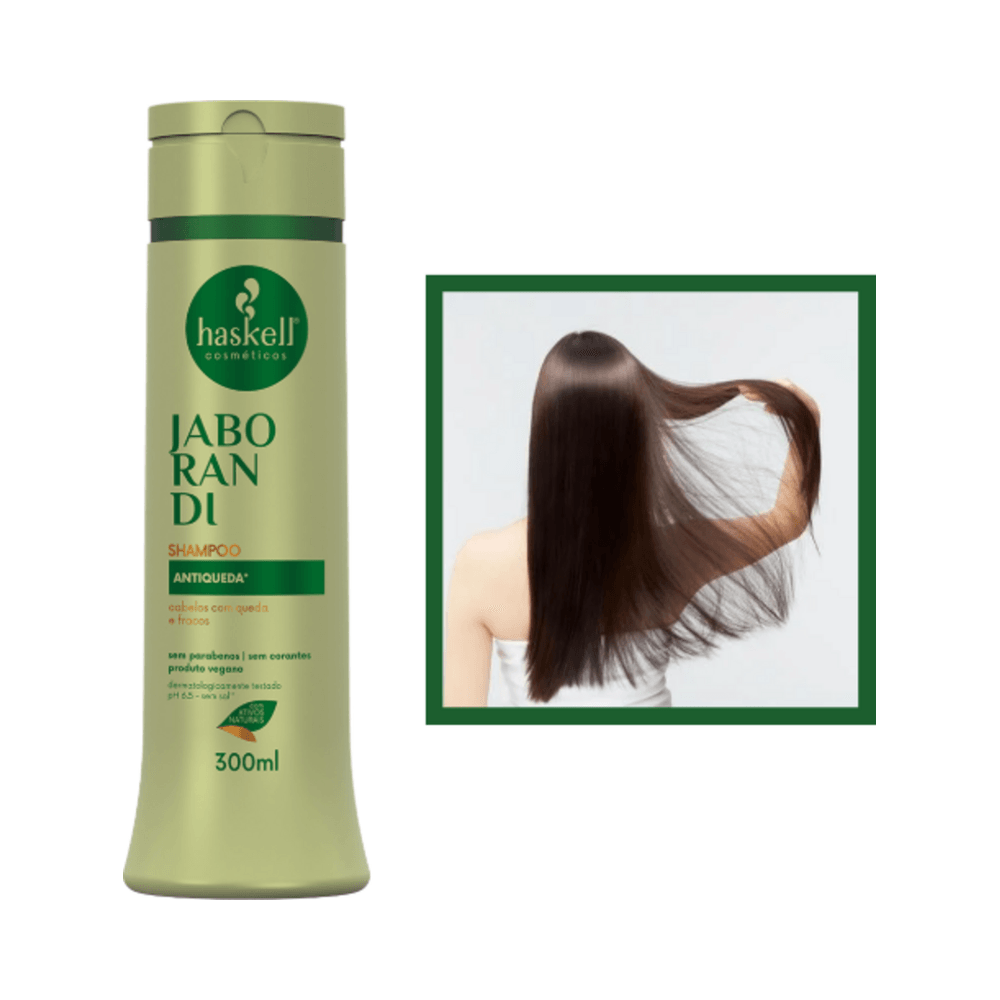 Shampoo Haskell Jaborandi 300ml com modelo mostrando resultado