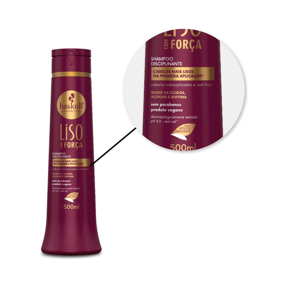 Detalhe do rótulo Shampoo Haskell Liso com Força 500ml