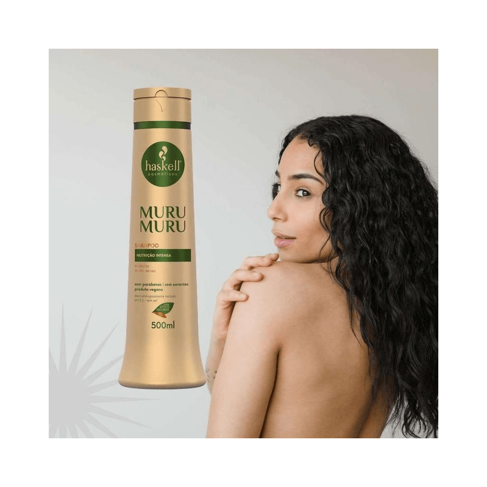 Shampoo Haskell Muru Muru 500ml com modelo de cabelos ondulados