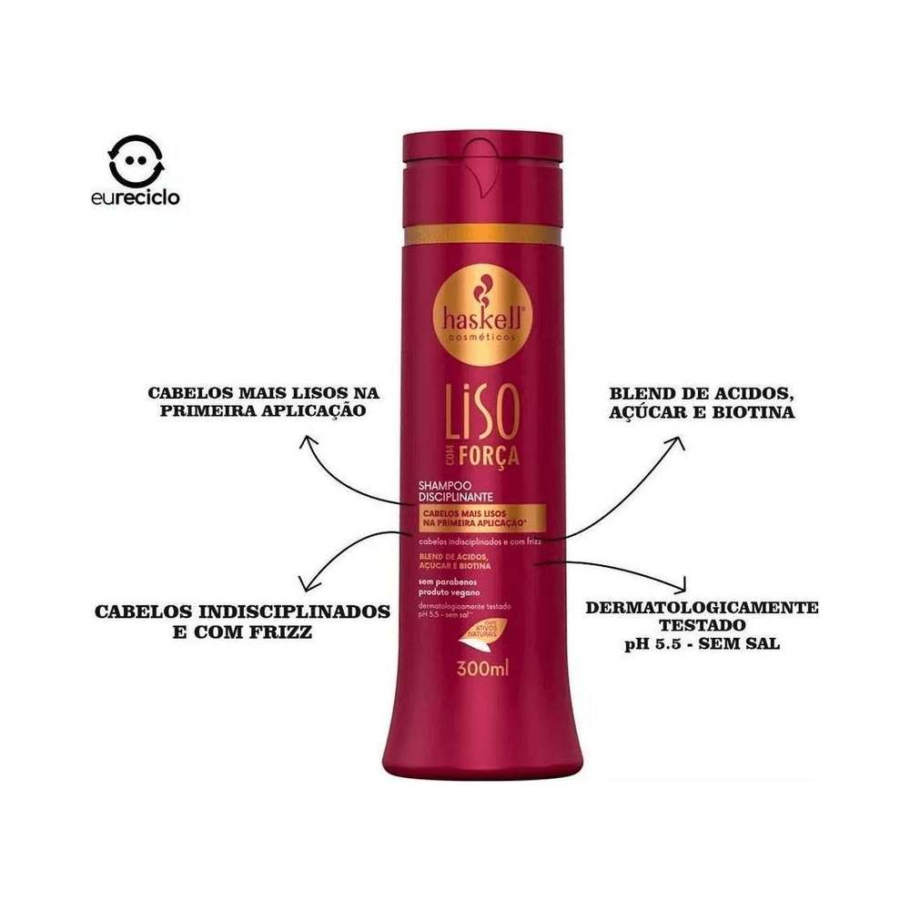 Imagem promocional do Shampoo Haskell Liso com Força mostrando benefícios