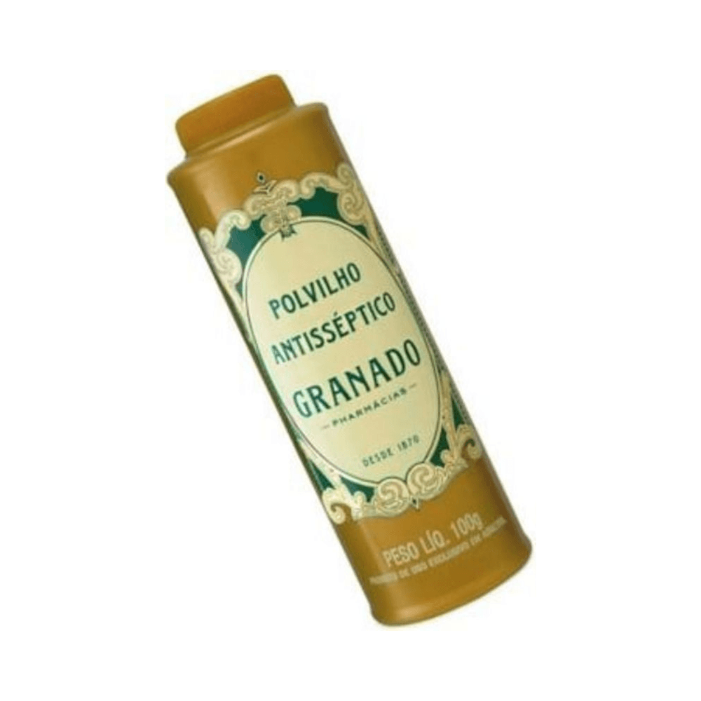 Frasco inclinado do Talco Antisséptico Granado Tradicional 100g mostrando rótulo e tampa