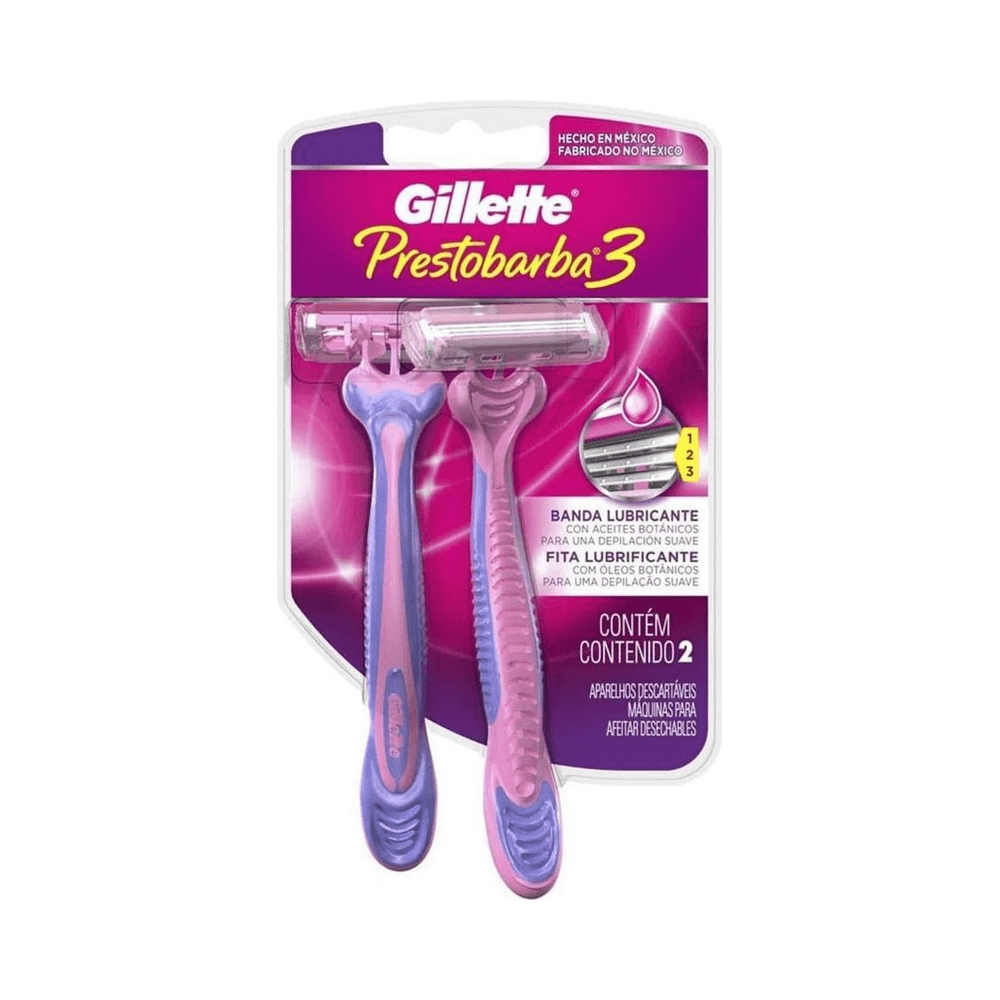 Aparelhos Gillette Prestobarba 3 mostrando cabo ergonômico e cartucho com lâminas