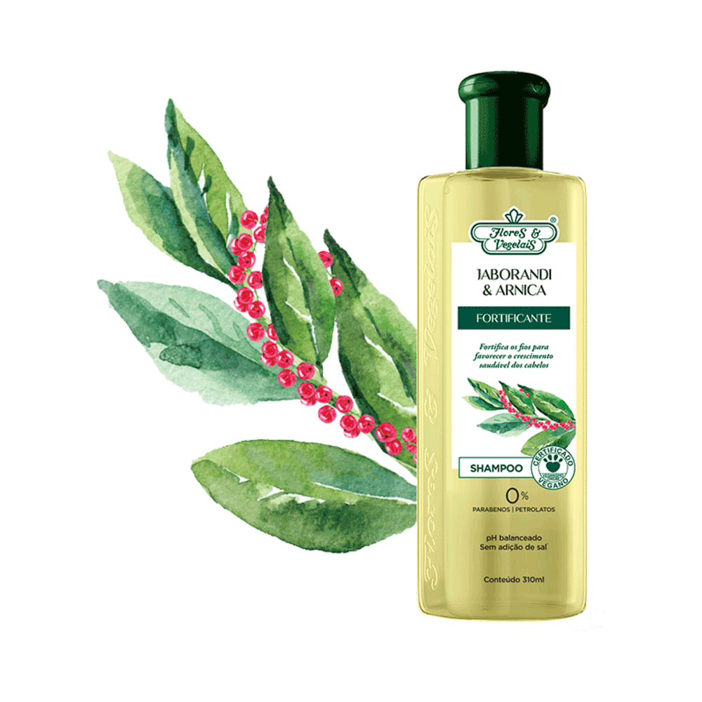 Composição artística do Shampoo Flores & Vegetais com ilustração botânica