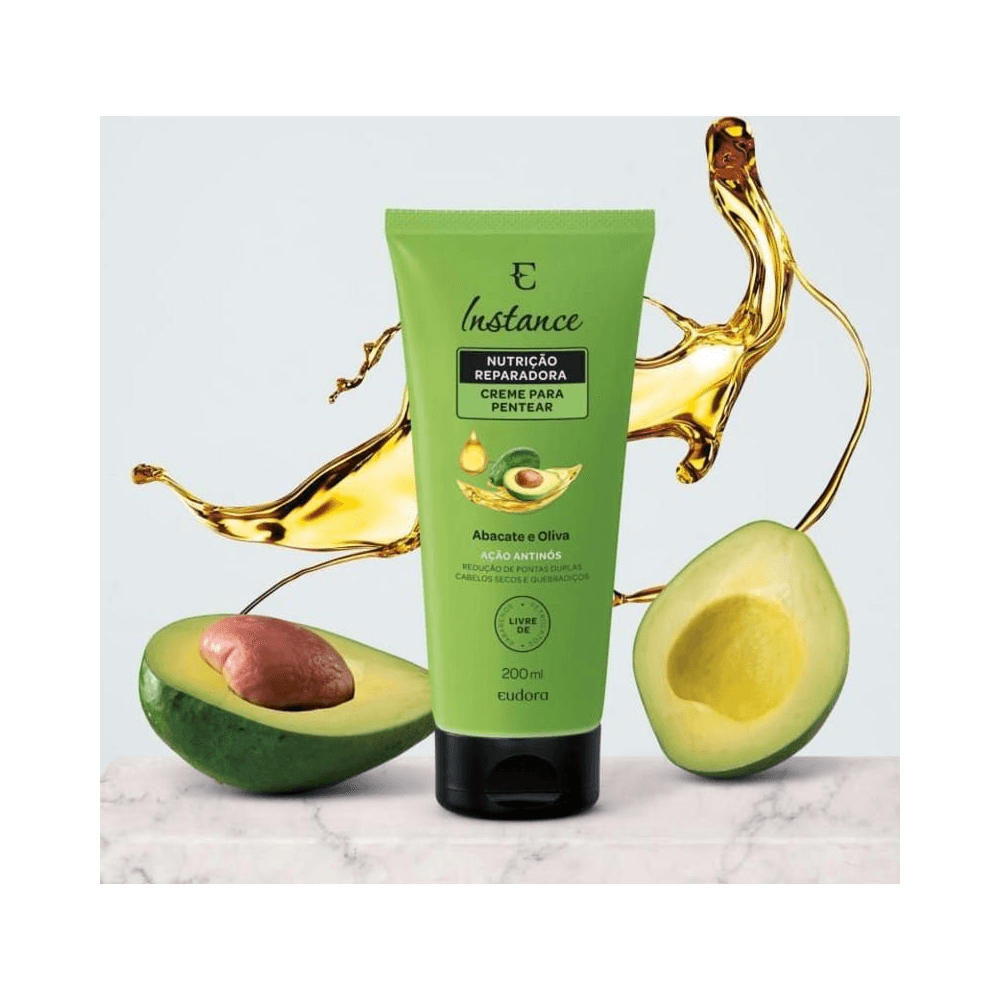Embalagem Eudora Instance Abacate e Oliva 200ml com ilustração de abacate