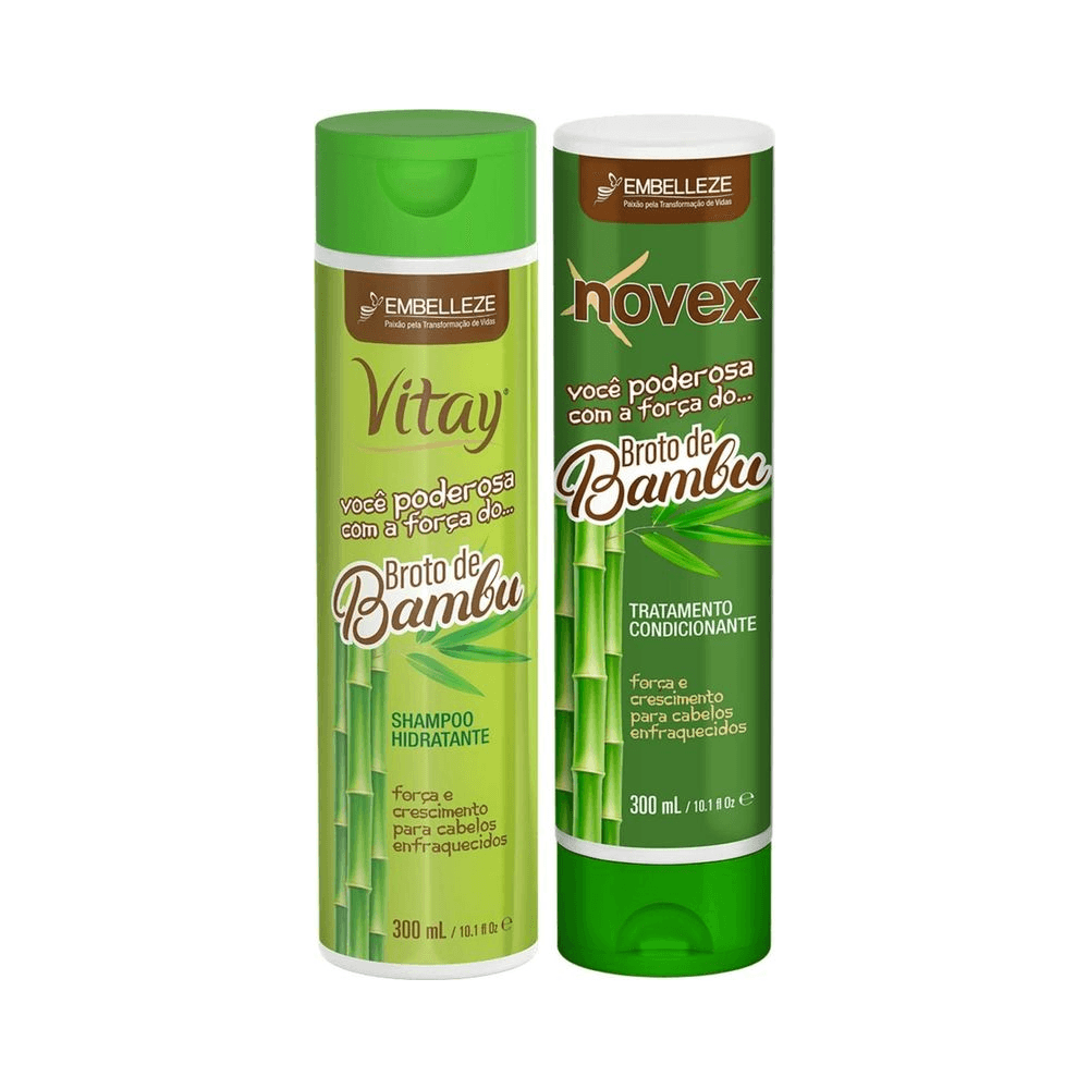 Frascos do shampoo e condicionador Vitay Broto de Bambu lado a lado