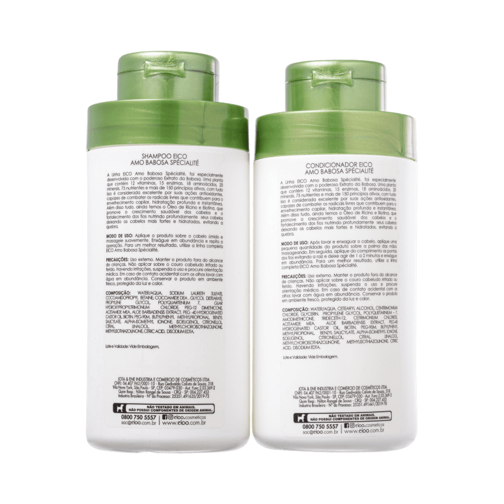 Verso dos frascos mostrando composição, instruções e frascos com tampa flip-top verde