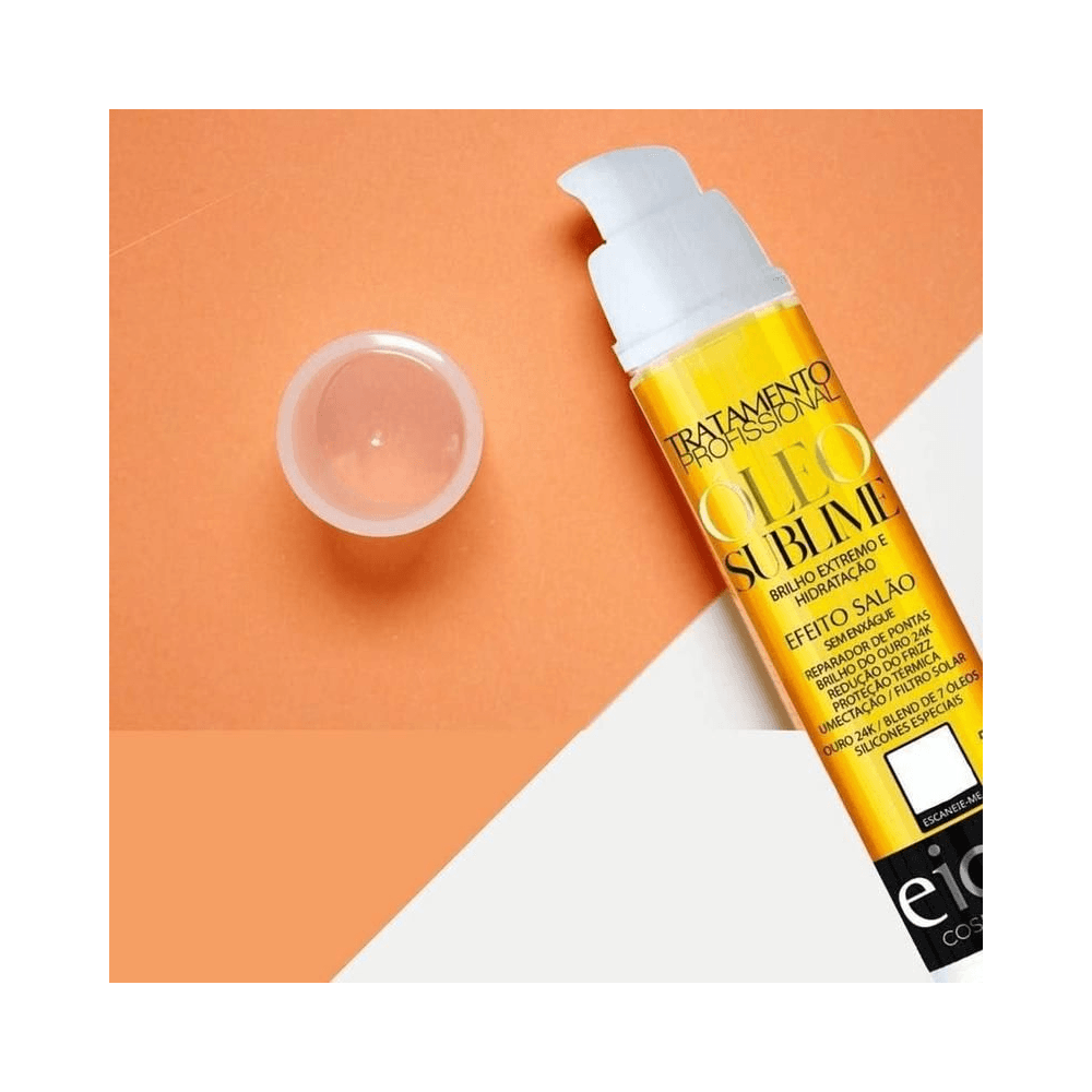 Frasco pump Óleo Sublime 50ml sobre fundo laranja e branco, destaque para proteção UV e brilho
