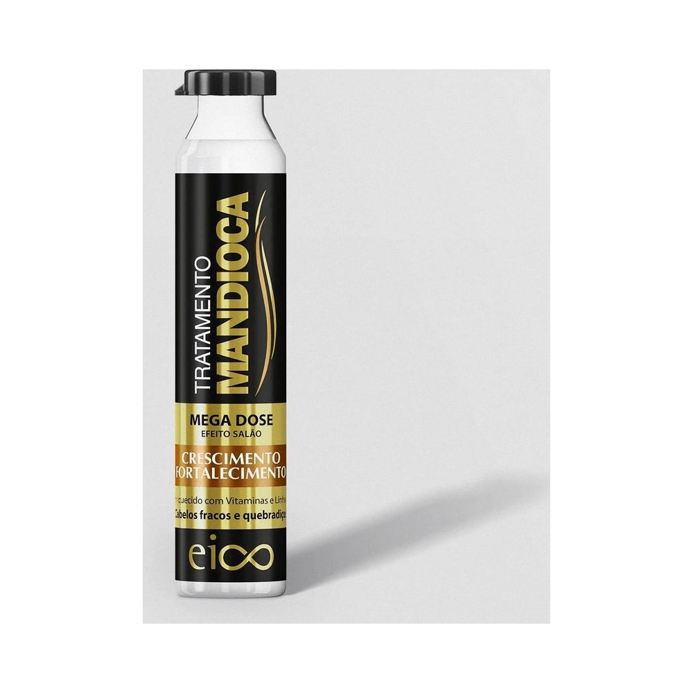 Ampola Eico Mega Dose Mandioca 45ml em fundo claro mostrando rótulo e bico aplicador
