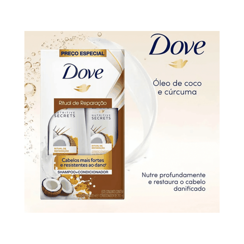 Embalagem do kit Dove Ritual de Reparação destacando ingredientes e benefícios
