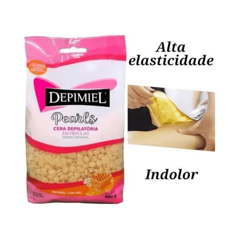 Embalagem Depimiel Pearls com selo de mel e demonstração de aplicação