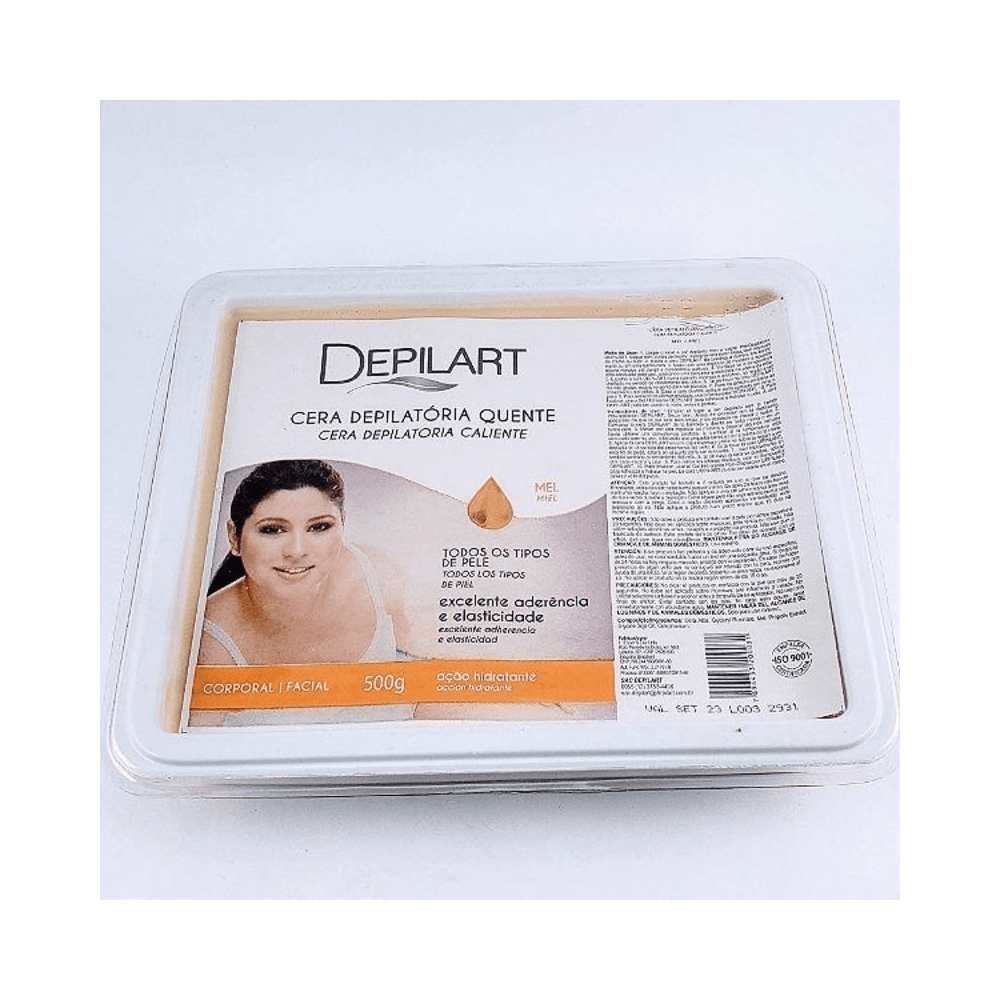 Cera Depilart Mel 500g vista superior com rótulo amarelo e indicação para corpo e rosto