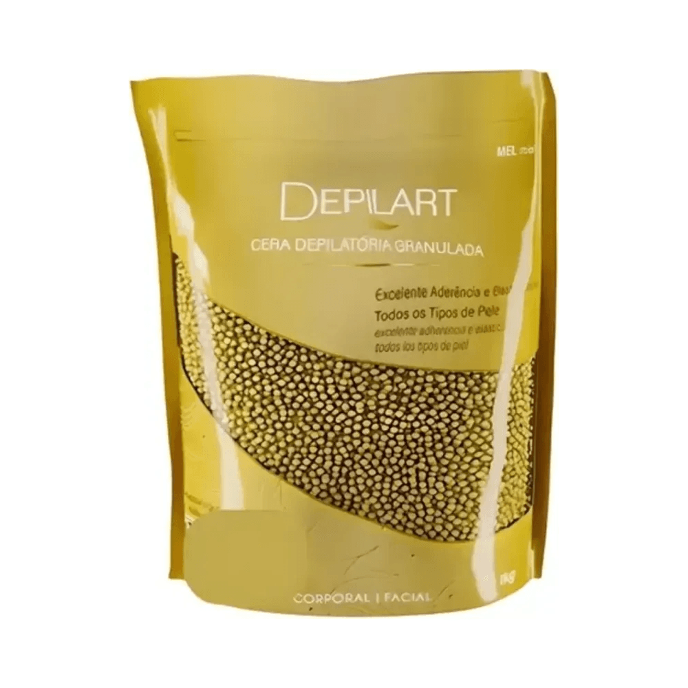 Pouch dourado Depilart com janela mostrando grânulos de cera