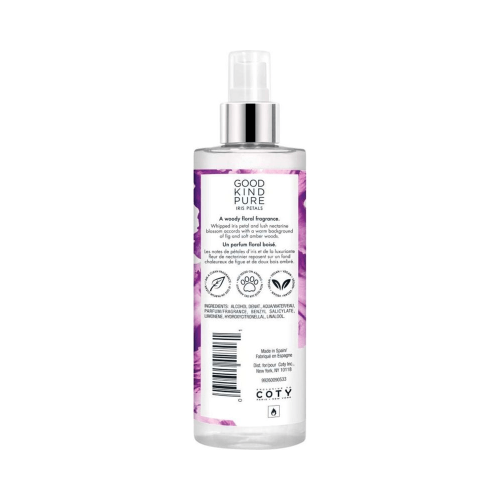 Verso do Body Mist Good Kind Pure Iris Petals mostrando informações e selo Cruelty-Free