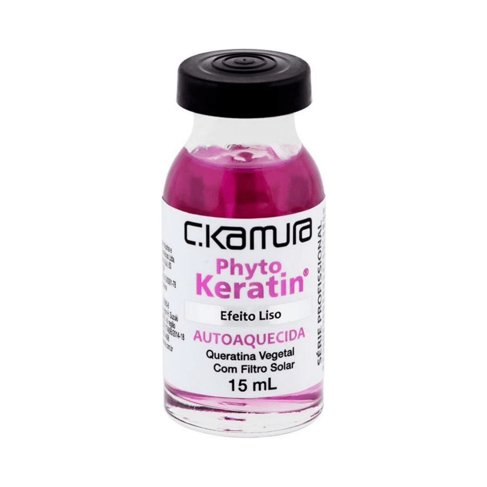 Frasco transparente com líquido rosa intenso C.Kamura Phyto Keratin autoaquecido