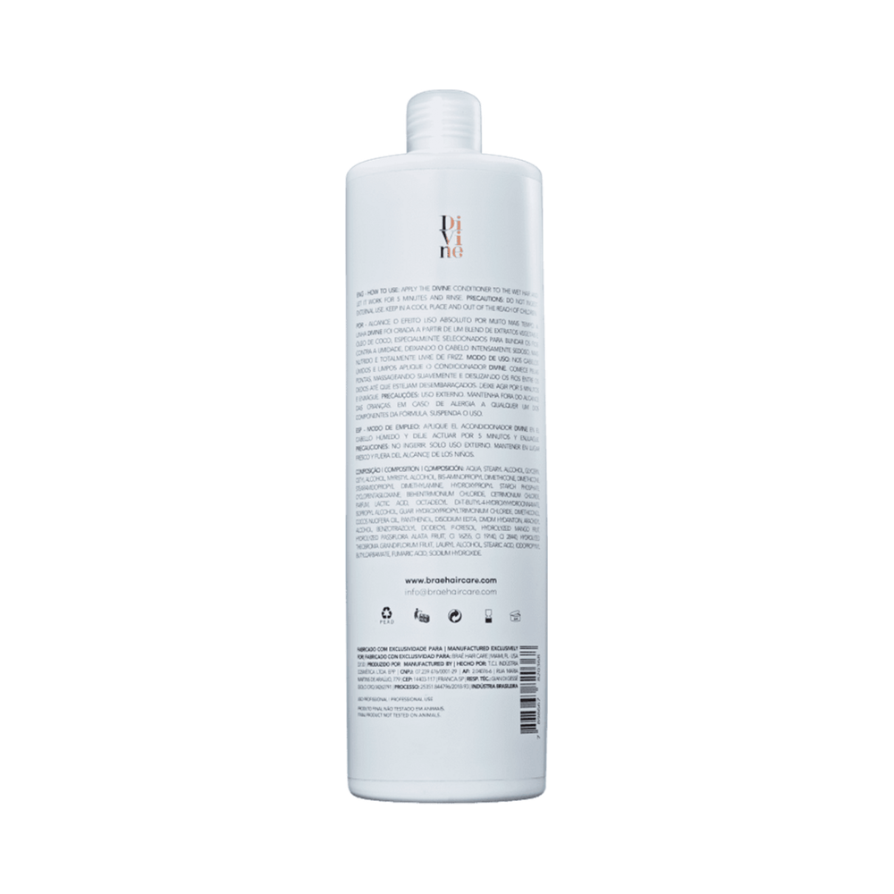 Verso do frasco do Condicionador Braé Divine Antifrizz mostrando ingredientes e instruções