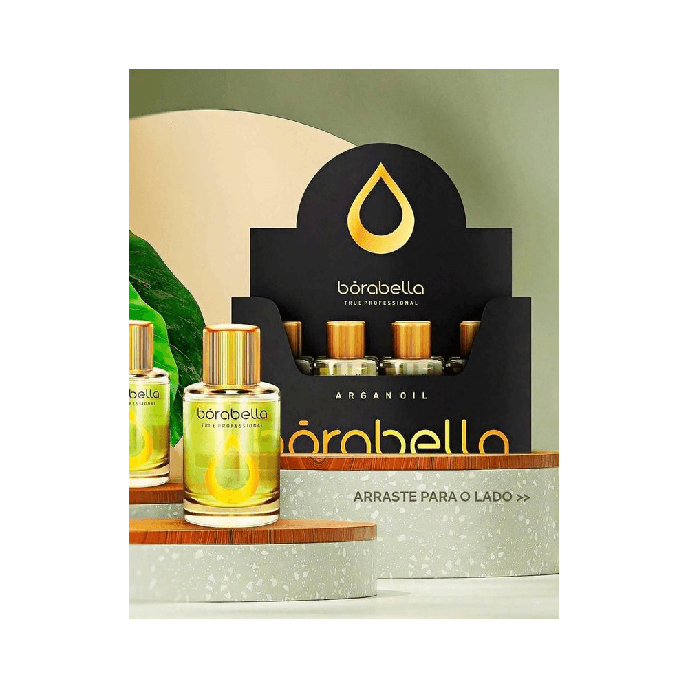 Vários frascos do Óleo Borabella Argan e Macadâmia em display promocional