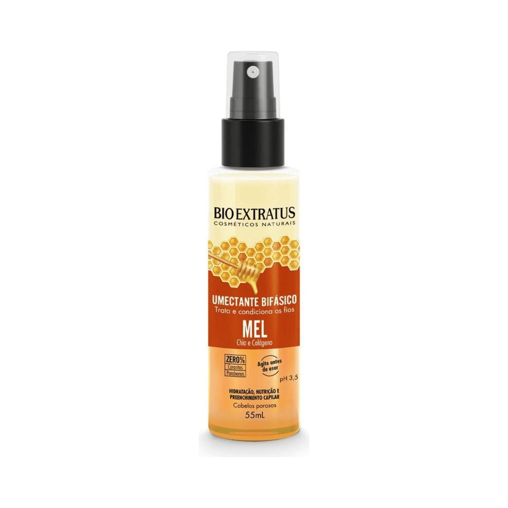 Umectante Bifásico Bio Extratus Mel 55mL em embalagem spray com rótulo laranja