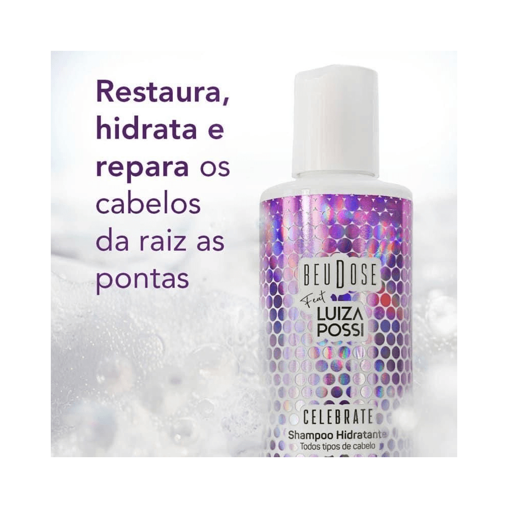 Imagem promocional do Shampoo Celebrate Beudose 250ml com textura espumosa ao fundo