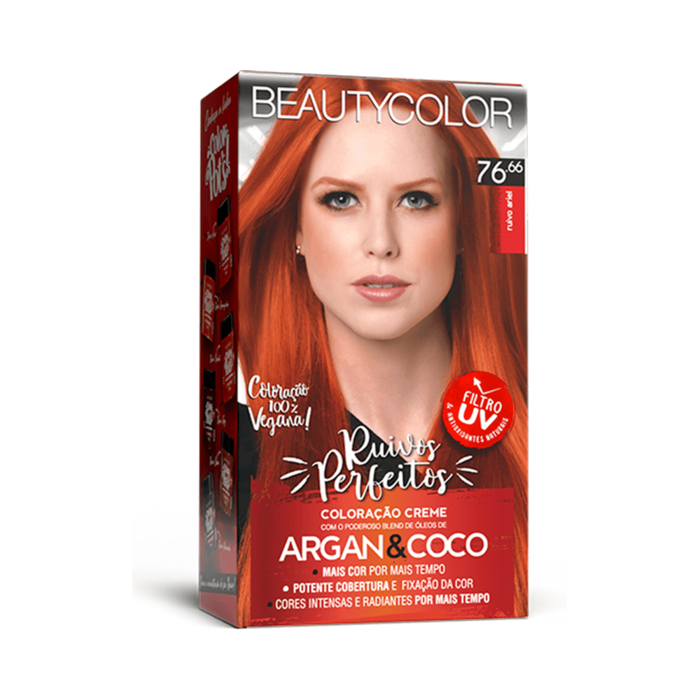 Caixa Kit Coloração Beauty Color 76.66 Ruivo Ariel - embalagem lateral
