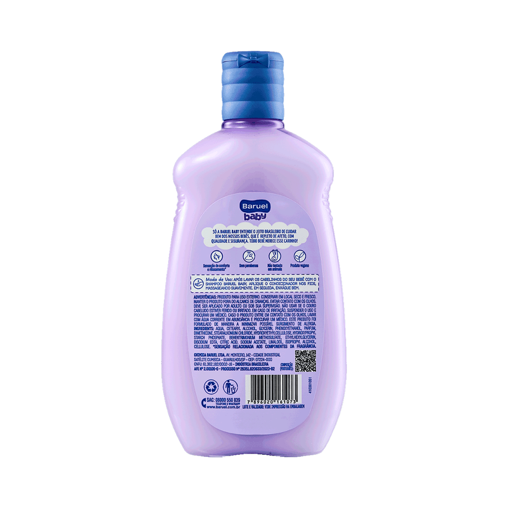 Verso do Condicionador Baruel Baby Sono Tranquilo 210ml com instruções e ingredientes