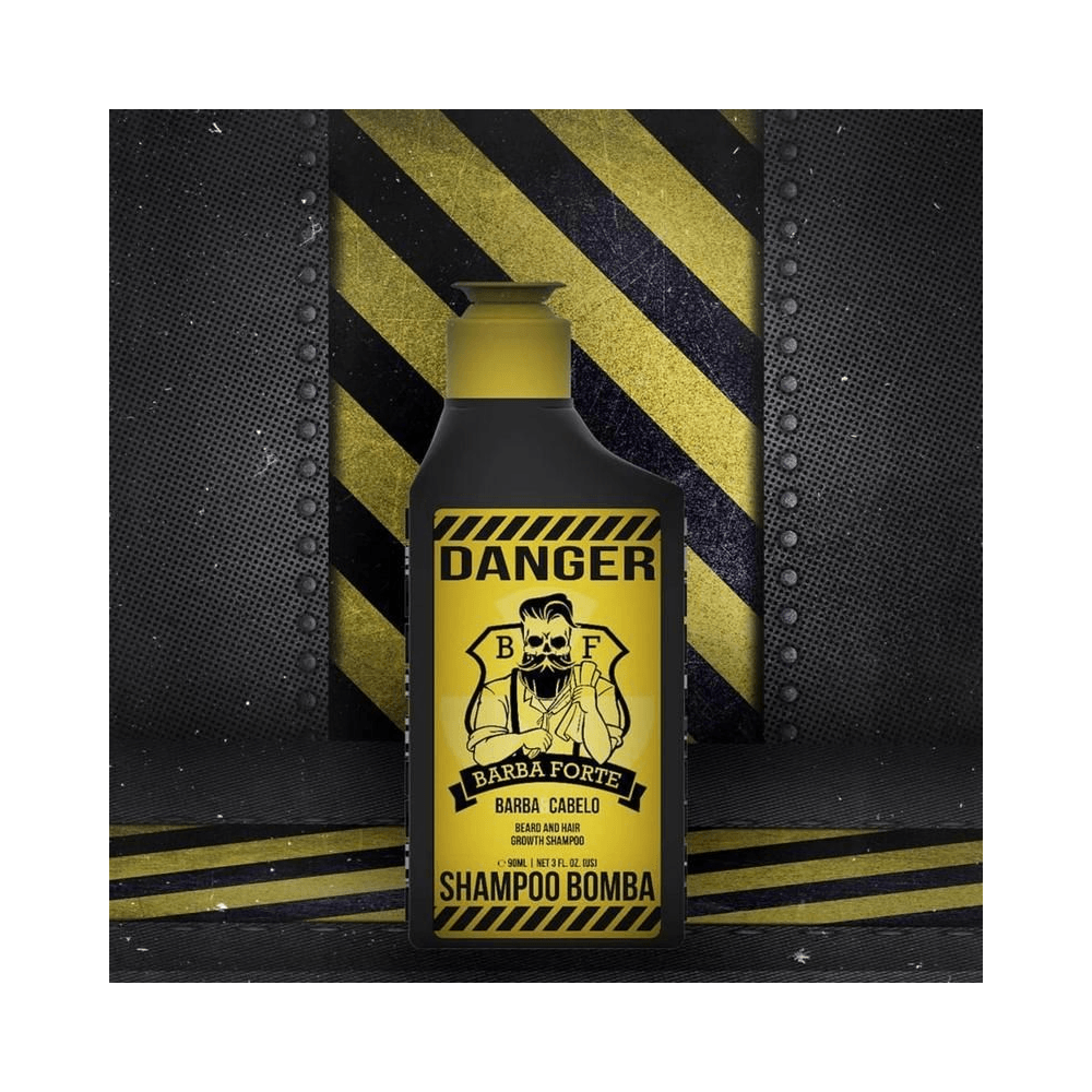 Shampoo Bomba Danger Barba Forte 250ml em fundo com faixas amarelas e pretas