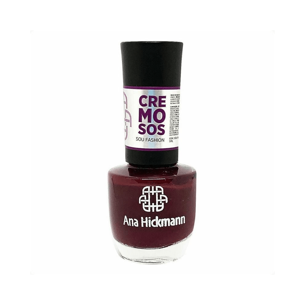 Frasco do esmalte Ana Hickmann Cremoso Sou Fashion mostrando tampinha preta e vidro translúcido