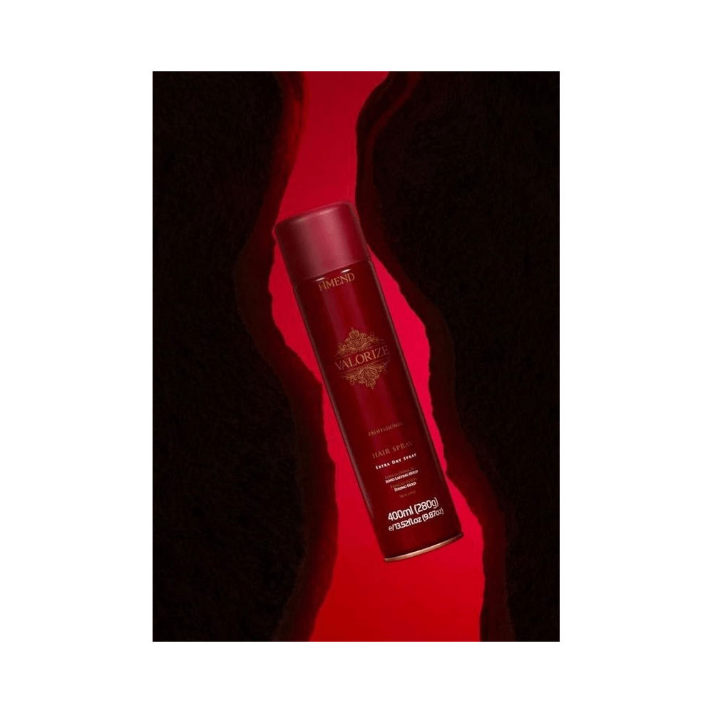 Hair Spray Amend Valorize 400ml sobre fundo artístico vermelho e preto