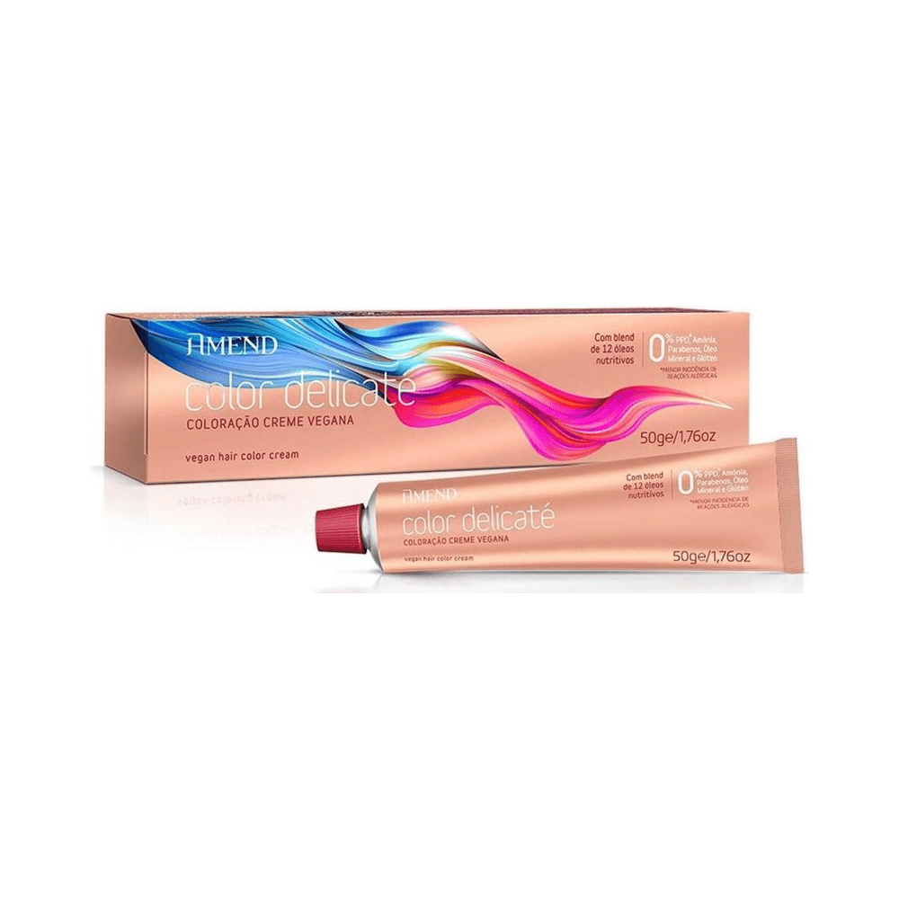 Tubo e embalagem Amend Color Delicaté 7.1 com destaque ao blend de óleos