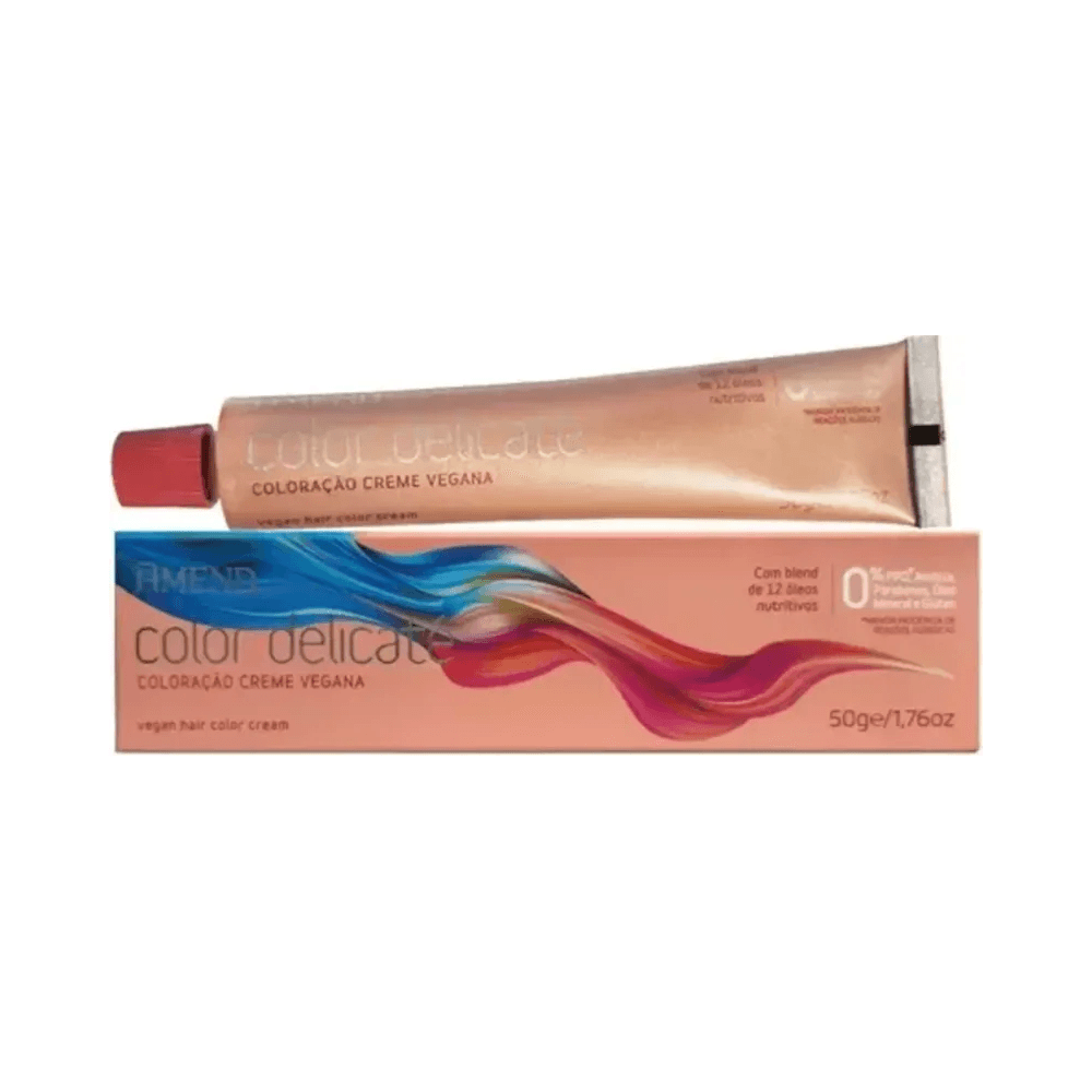Tubo e caixa Amend Color Delicaté 8.4 - embalagem rosé e informação vegana
