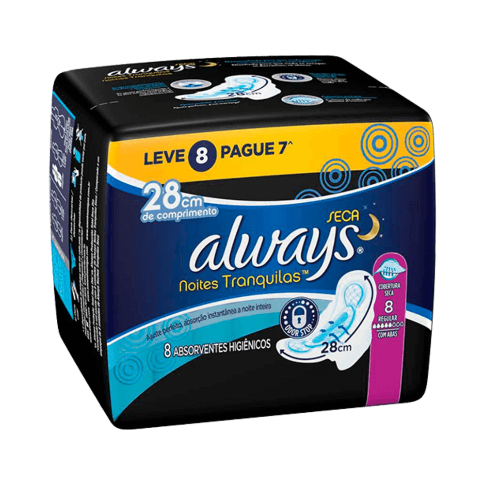 Embalagem 3D Absorvente Always Noites Tranquilas destacando Leve 8 Pague 7