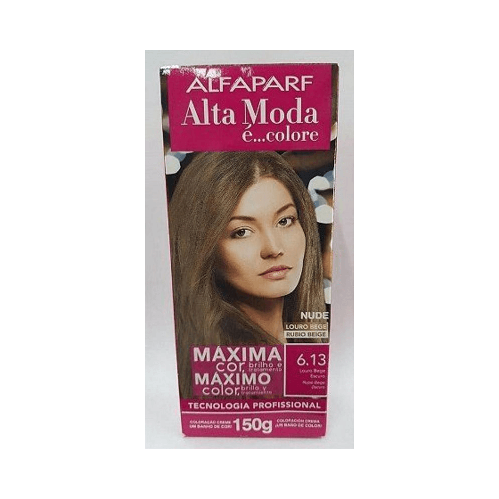 Embalagem da coloração Alta Moda Colore tom 6.13 com destaque para tecnologia profissional