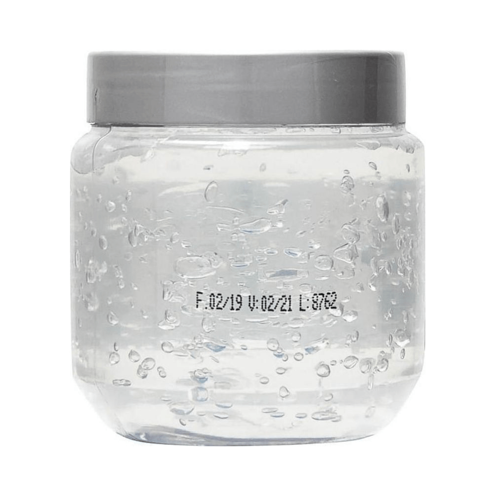 Pote transparente com gel cristal e bolhas, destacando textura e consistência