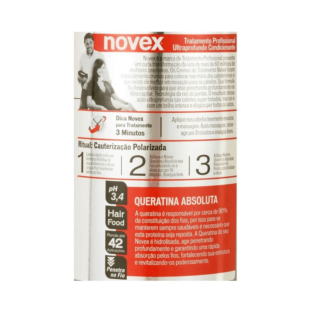Rótulo traseiro Novex Queratina Absoluta com modo de uso e informações
