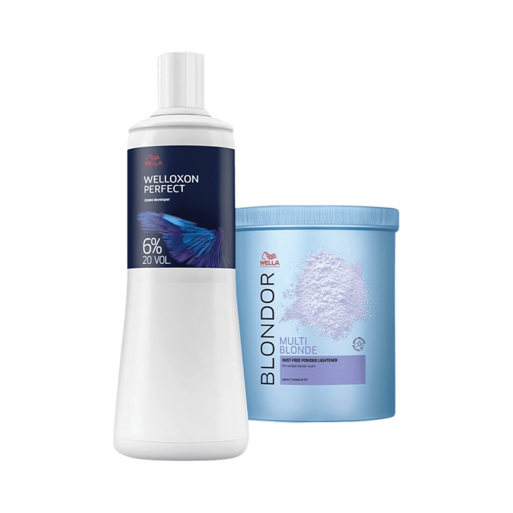 Embalagens Blondor Multi Blonde e Welloxon Perfect 6% em fundo branco