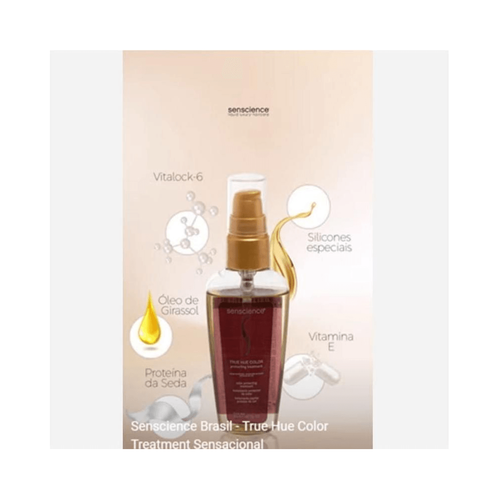 Senscience True Hue Color 55ml em fundo creme com ícones de ingredientes