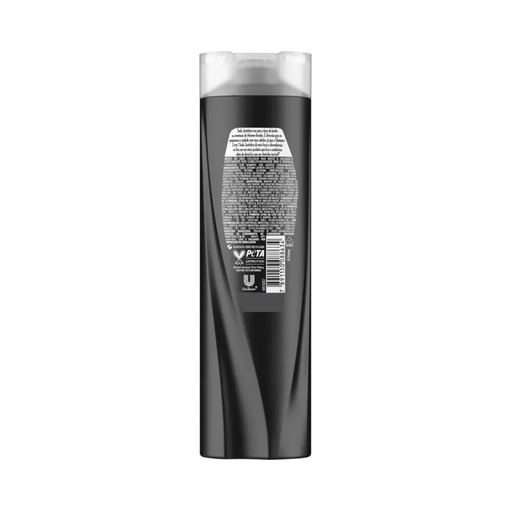 Visão traseira do frasco com informações e ingredientes do Shampoo & Condicionador Seda Juntinhos Spider-Man