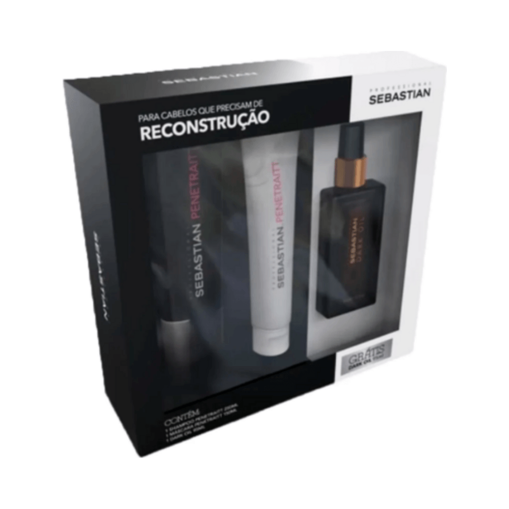 Embalagem do kit Sebastian com visor mostrando os frascos Penetrait e Dark Oil