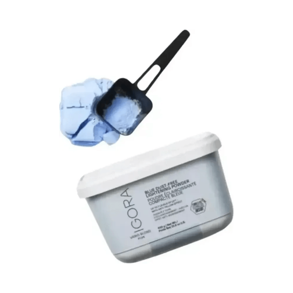 Pó Descolorante Igora Vario Blond Plus Blue 450g mostrando textura e pó azul