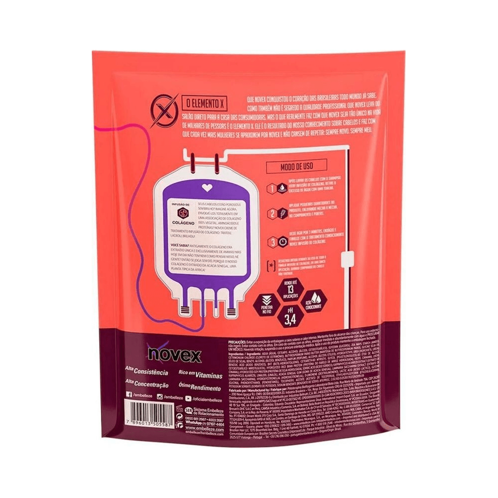 Verso do refil Novex Infusão de Colágeno 300g com instruções e informações técnicas